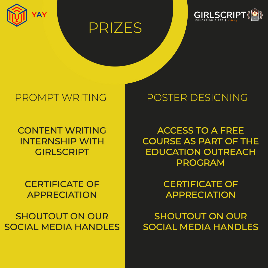 GirlscriptT's tweet image. Greetings from GirlScript Trichy!
We are happy to announce the judging criteria and prizes for the winners of prompt writing and poster designing contests. Interested participants must make note of these to submit their best entries.
#prompt #design @contests #gs