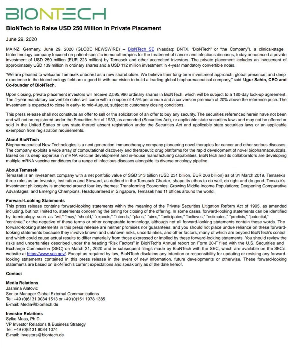 29 Jun 2020: Kenyataan media BioNTech semasa Singapura (Temasek) labur USD250 juta (RM1 bilion) ke dalam syarikat tersebut. Temasek ialah pemegang saham BioNTech. 21 Disember 2020: Vaksin Pfizer-BioNTech tiba di Changi Airport.