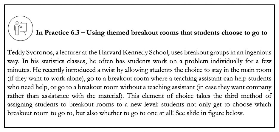 2/ The book includes a new version of Chapter 6 - Work in Groups.Zoom now allows instructors to let students decide which breakout room to go to, so there are many new possibilities.Here's how  @tedsvo uses this new feature: