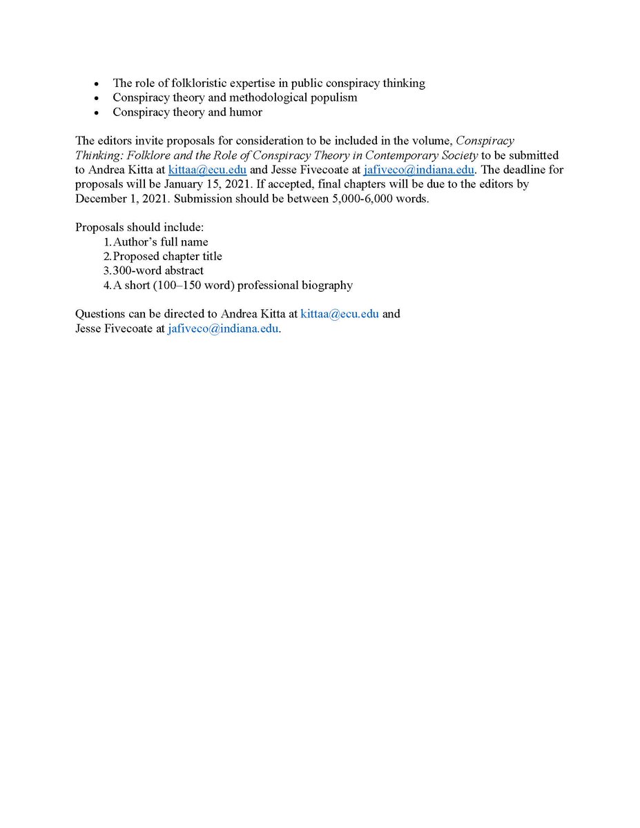 Abstracts for the volume on #ConspiracyTheories is due tomorrow! #FolkloreThursday #Folklore #AskAFolklorist #COVID19 #politics #sciencetwitter #History #Humanities #AcademicTwitter #MedTwitter