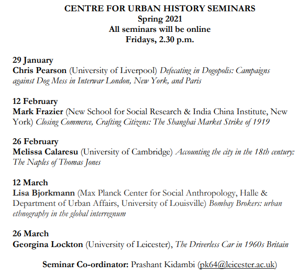historyleic's tweet photo. We're pleased to announce the @CUHLeicester Spring 2021 seminar series! Seminars will be online on Fridays at 2:30pm (GMT), and all are welcome. Please email Prashant Kidambi for an email link (pk64@le.ac.uk) https://t.co/BYkvLDuyTm