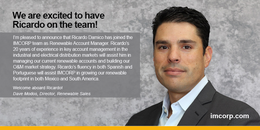 IMCORPtech's tweet photo. We are excited to announce that Ricardo Damico has joined the IMCORP team as Renewable Account Manager.
https://t.co/XfwZufsgt8
Learn More: https://t.co/SLsMKIdsci
#renewables #renewableenergy #IMCORP #utilities #energy #windenergy #partialdischarge #solarpower https://t.co/mbUvmLloky
