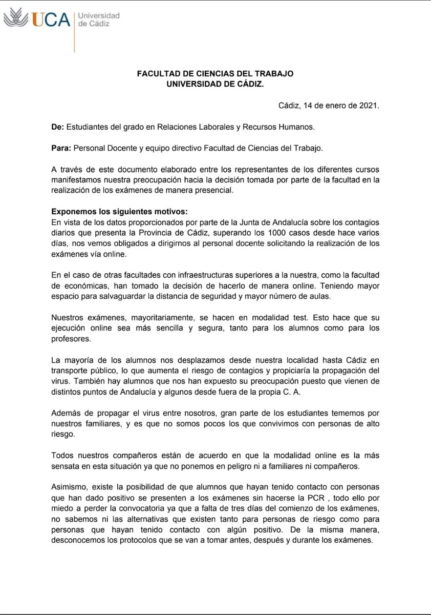 AlarmaUca's tweet photo. Los estudiantes del Grado de Relaciones laborales y Recursos Humanos se ponen en contacto para compartir este nuevo comunicado. #AlarmaUca #ExamenesOnlineYa https://t.co/W2J1Tb48ix