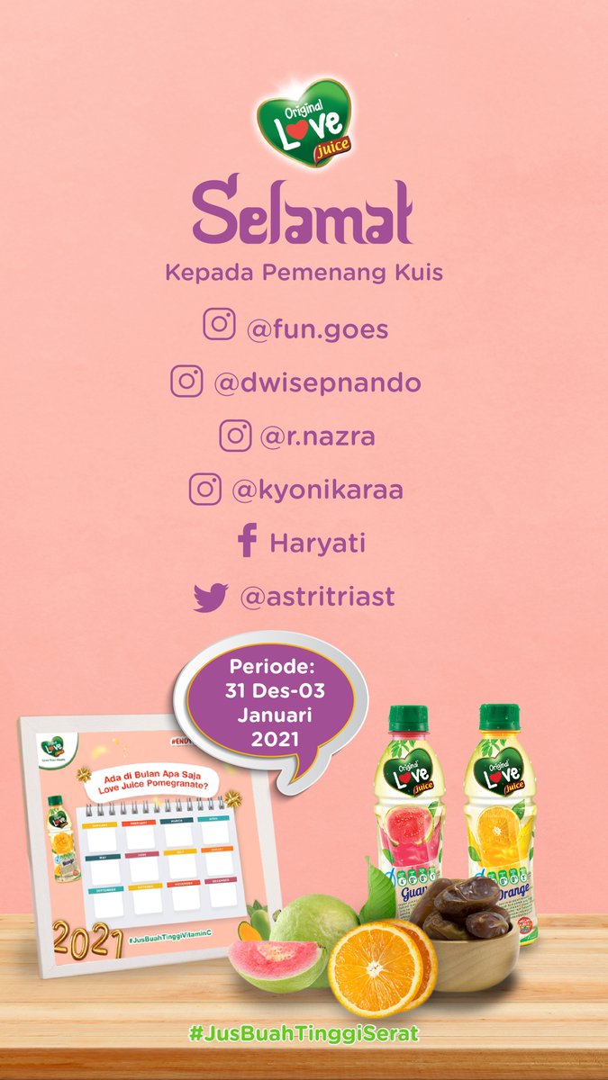 LoveJuiceID's tweet photo. Hei Hei, kami ucapkan selamat lagi kpd pemenang #EndYearChallenge #LoveJuice p: 30 Des 2020 - 1 Jan 2021 & 31 Des 2020 - 3 Jan 2021
Utamanya kpd akun twitter @RatnaaEkaa & @astritriast
Yuk kirim data diri dgn format
Nama, No KTP, No GOPAY/OVO (Pilih salah satu), Alamat Rumah https://t.co/K9E8jVfykS