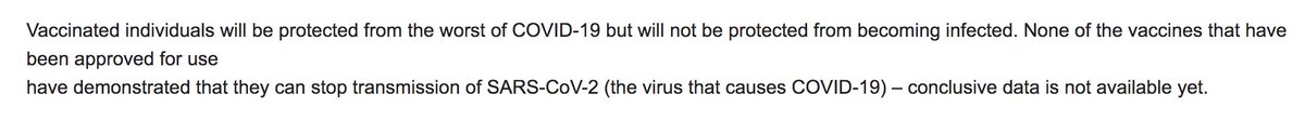 3/ They say if you get vaccinated you will be protected from severe disease, but not from infection per se. Except then in the next line they correctly say conclusive data isn't available. So, as they admit, we don't actually know.