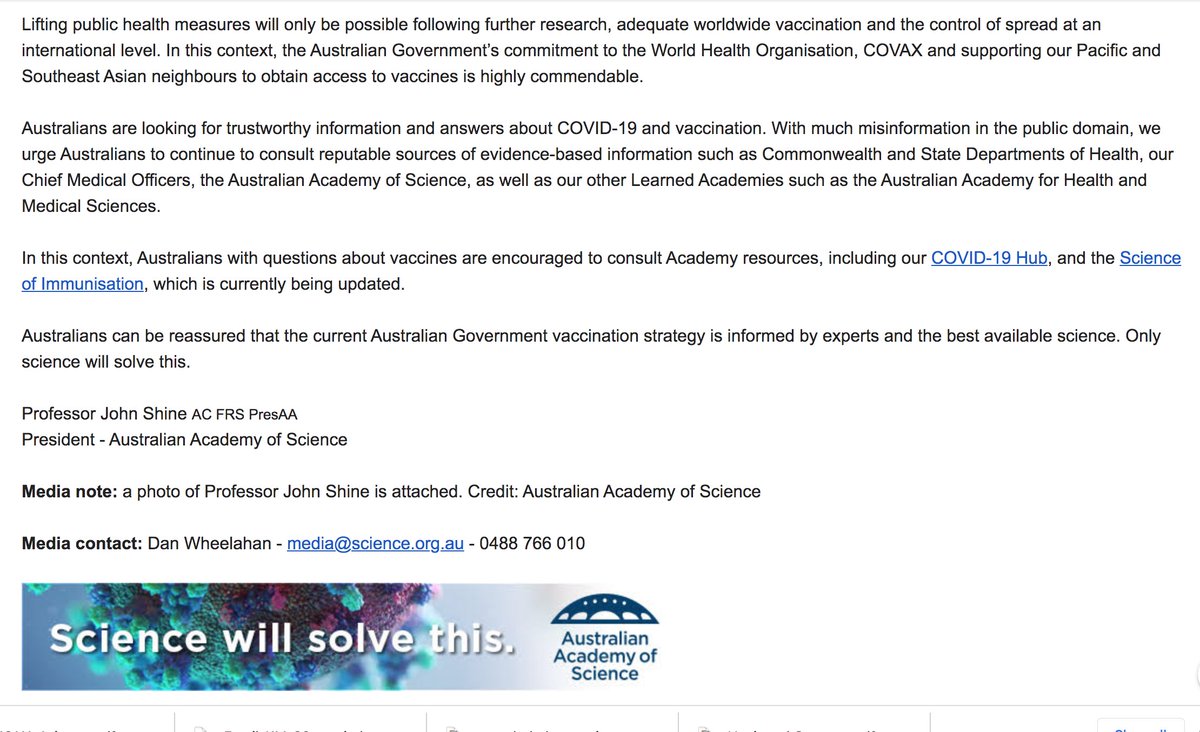 1/ Australian Academy of Science Press Release at 20.40 on Jan 14th"statement on the pandemic, vaccines and misinformation"A 'suck-up to government', incorrect press release. I'll show you how  @Science_Academy itself is spreading misinformation.