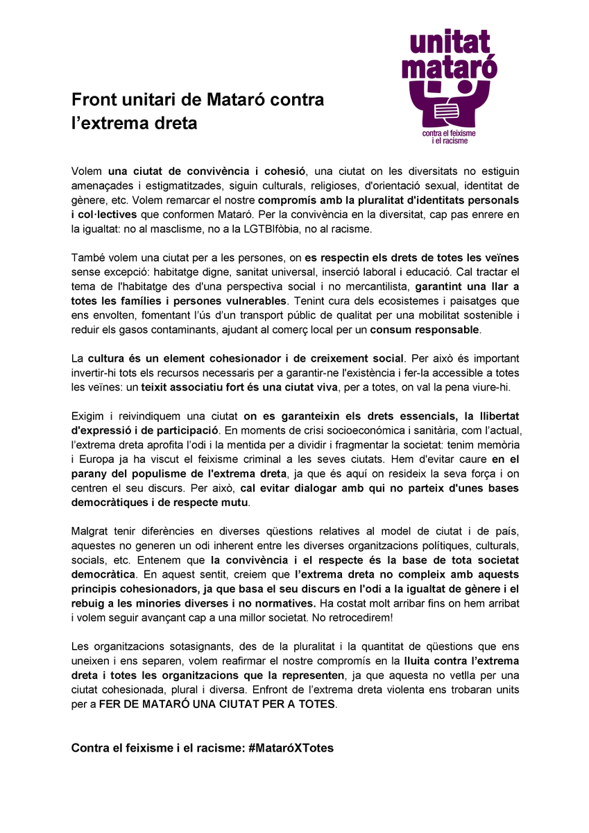 Presentem la campanya #MataróXTotes i el Manifest unitari contra l'extrema dreta a Mataró, primera acció per a mostrar la lluita unitària contra l'extrema dreta i crear un front ampli per la convivència i pels valors democràtics a la nostra ciutat.

⬇️
