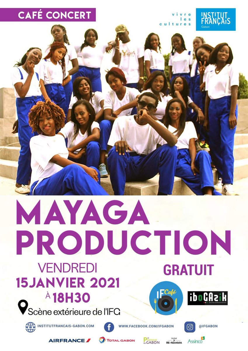 [Café concert🎙] 

Premier café concert de l'année avec le groupe Mayaga Prod à l’ Institut français du Gabon ce vendredi 15 janvier à 18h30.

Venez découvrir la fusion des instruments traditionnels et modernes à travers les langues vernaculaires du Gabon .