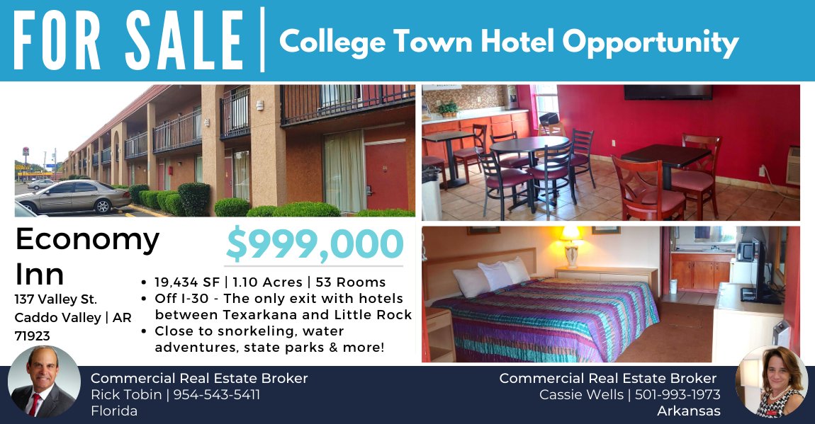 CREPropertyWire's tweet image. 📍We are pleased to share this flagged-hotel opportunity with you from Premier Hotel Realty:

🏨FOR SALE: Economy Inn - Caddo Valley, AR | PRICE: $999,000

🏷️ 1.11 Acres
🏷️ 53 Rooms - 20 King | 33 Double
🏷️ 2 Colleges nearby

✔️ Contact Rick or Cassie for more information