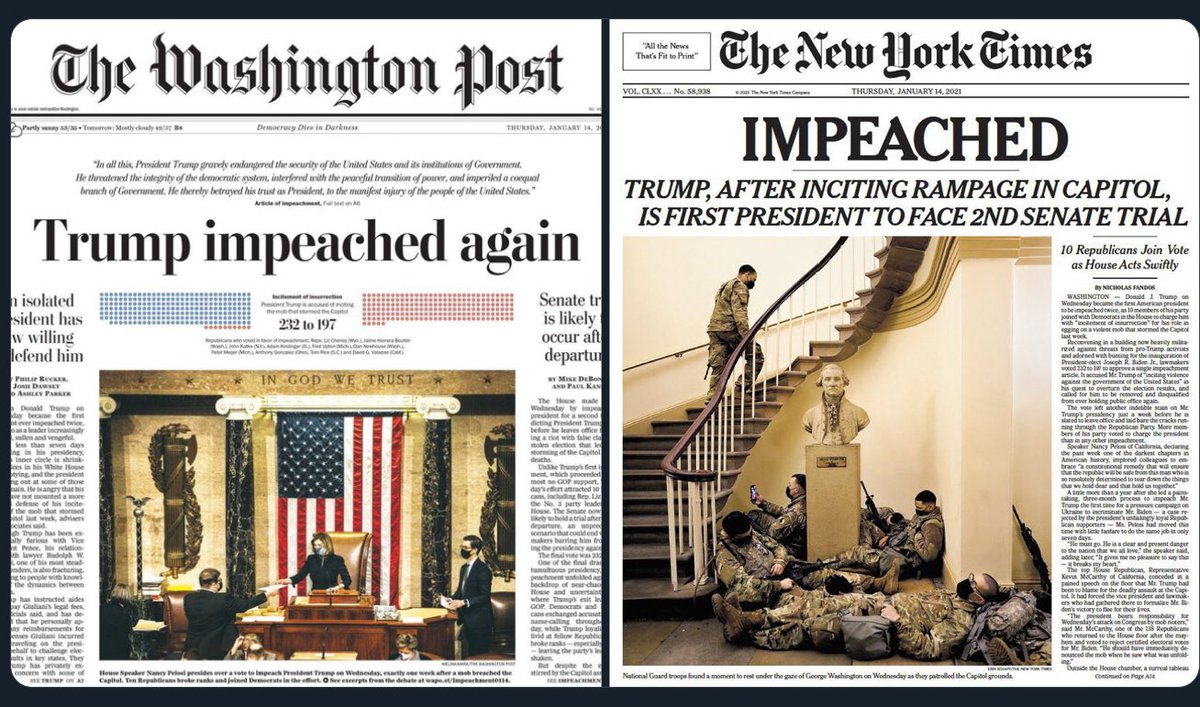 SCLegislator's tweet image. If anyone is looking for the story in @thestate newspaper this morning of an American president’s second impeachment, this time for using inflammatory lies to incite a violent insurrection against the United States government, flip over to page four.