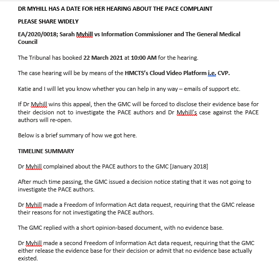 MyhillNews's tweet photo. HEARING DATE-PACE AUTHORS' COMPLAINT
Sarah Myhill v Information Commissioner & General Medical Council
22 March 202110:00AM
See https://t.co/7mgRC5jjv1
#MEcfs #CFS #MyalgicE #MyalgicEncephalomyelitis #ChronicFatigueSyndrome #PwME #millionsmissing #PACEtrial #PACEFraud https://t.co/gI9jhj06bN