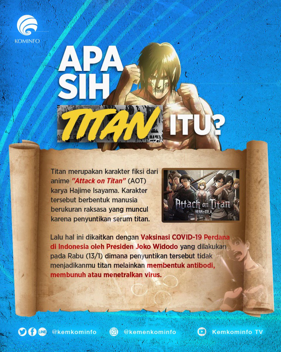kemkomdigi's tweet photo. Spesial untuk #SobatKom berusia 17+ yang penasaran, minfo saranin buat nonton langsung di situs streaming legal. Okey?

Kalau udah nonton, bisa nyanyi sasageyou bareng minfo ya! 

#AttackOnTitan #Anime #Vaksindimulai #BersamaKominfo #VaksinItuBaik https://t.co/lWLdTCXaFk