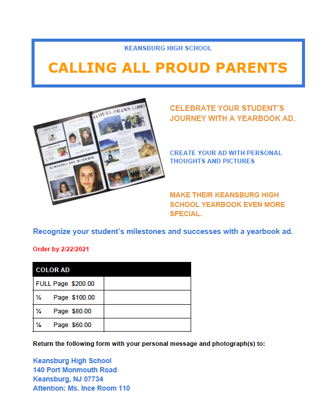 Help support the Keansburg High School 2020-2021 Yearbook. See flyer for details. For questions email Mrs. Ince (jince@keansburg.k12.nj.us)