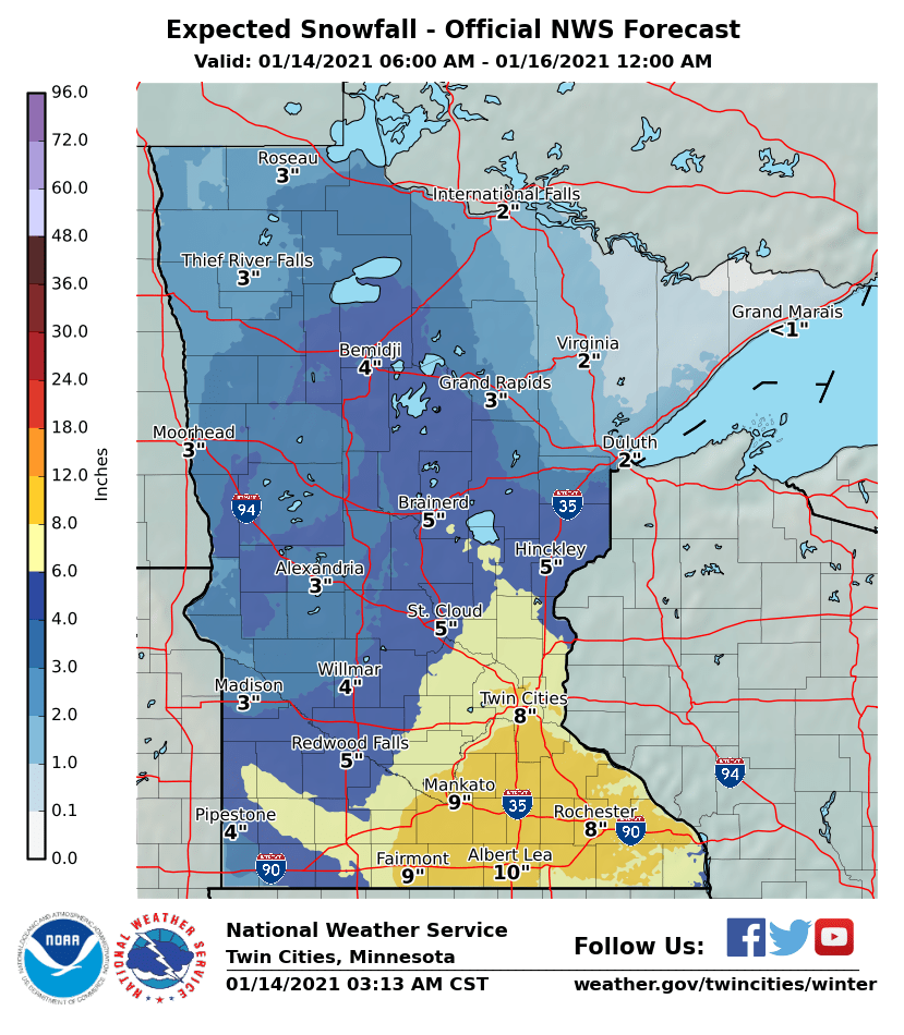 Here is the new snowfall forecast for Minnesota. SE Minnesota expected to take the brunt of the storm in Minnesota with 6-14 inches possible and 8-10 expected. #MNwx #RochMN #AlbertLea https://t.co/szJGOcTigN