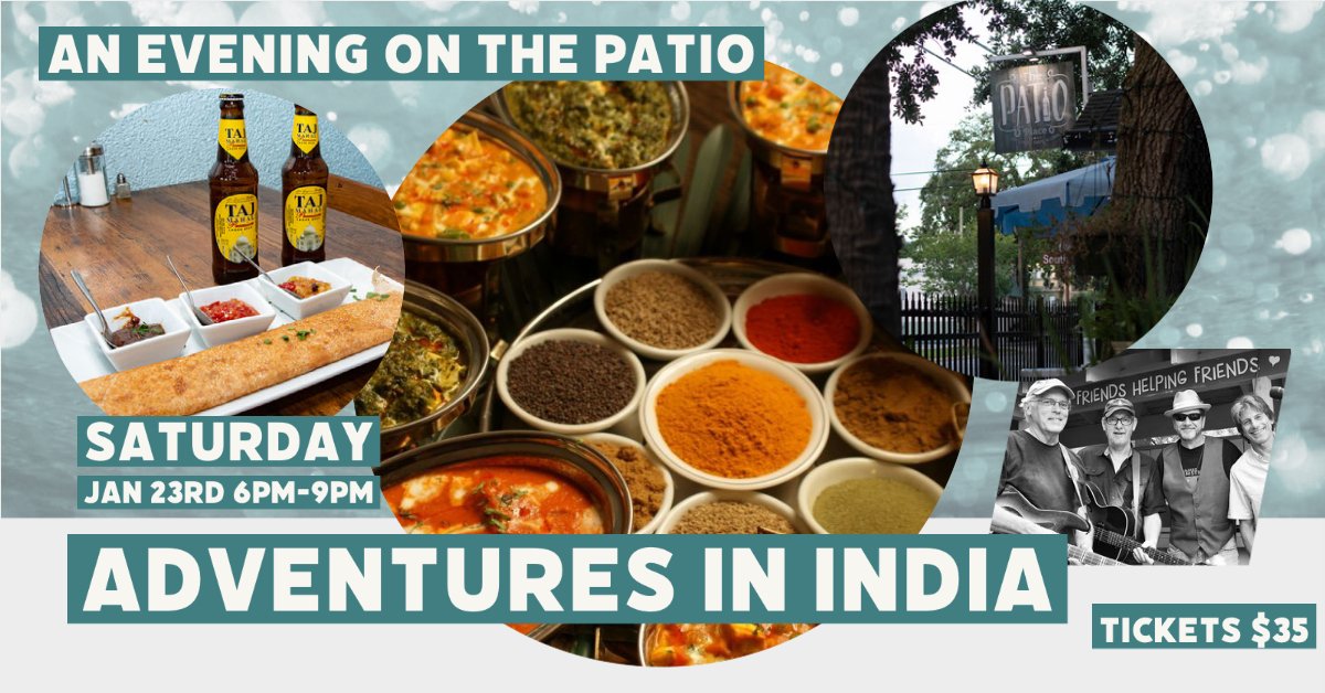 The_Patio_Place's tweet photo. Don't miss: AN EVENING ON THE PATIO!
5 Courses of unique India-inspired food w/vegetarian options too!
India beer and drink specials
Music: Amelia Blues Project
Tickets $35 ea(food &amp; ent). Reserve your spot: https://t.co/R0ReMdM3GP (required) We'll collect credit card to hold. https://t.co/1XgK0oouq9