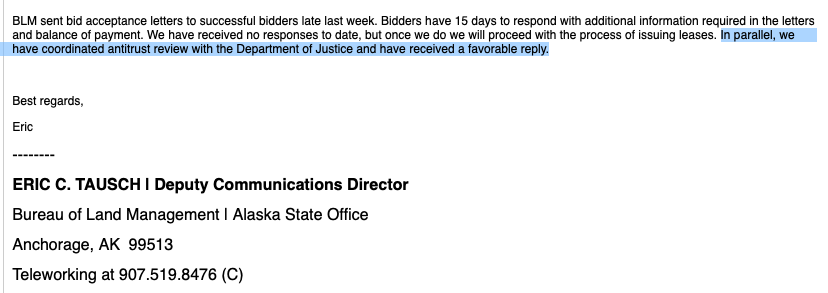 adamfederman's tweet photo. BLM AK says that the DOJ antitrust review of the refuge leases has been completed, a process that normally takes weeks or months. But questions have been raised about the non-competitive nature of a state-owned corp participating in the sale since Alaska receives 1/2 of revenue. https://t.co/7yBTXtE93k