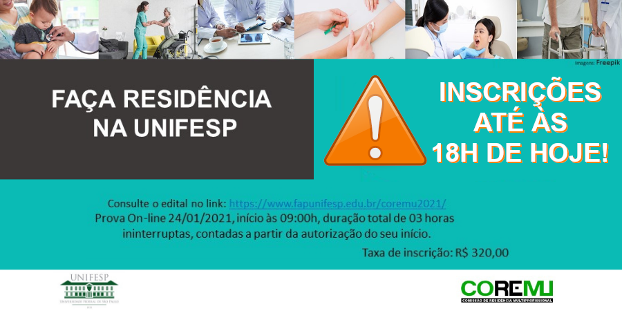 unifesp's tweet photo. SÓ ATÉ HOJE! Últimas horas para se inscrever nos Programas de #Residência Multiprofissional e Uniprofissional em #Saúde da #Unifesp. Processos seletivos serão realizados de forma remota. Inscreva-se: https://t.co/5FCeoOxEXJ. #somosunifesp #oportunidade #coremu #vagasderesidência https://t.co/ZtKpDjHAOJ