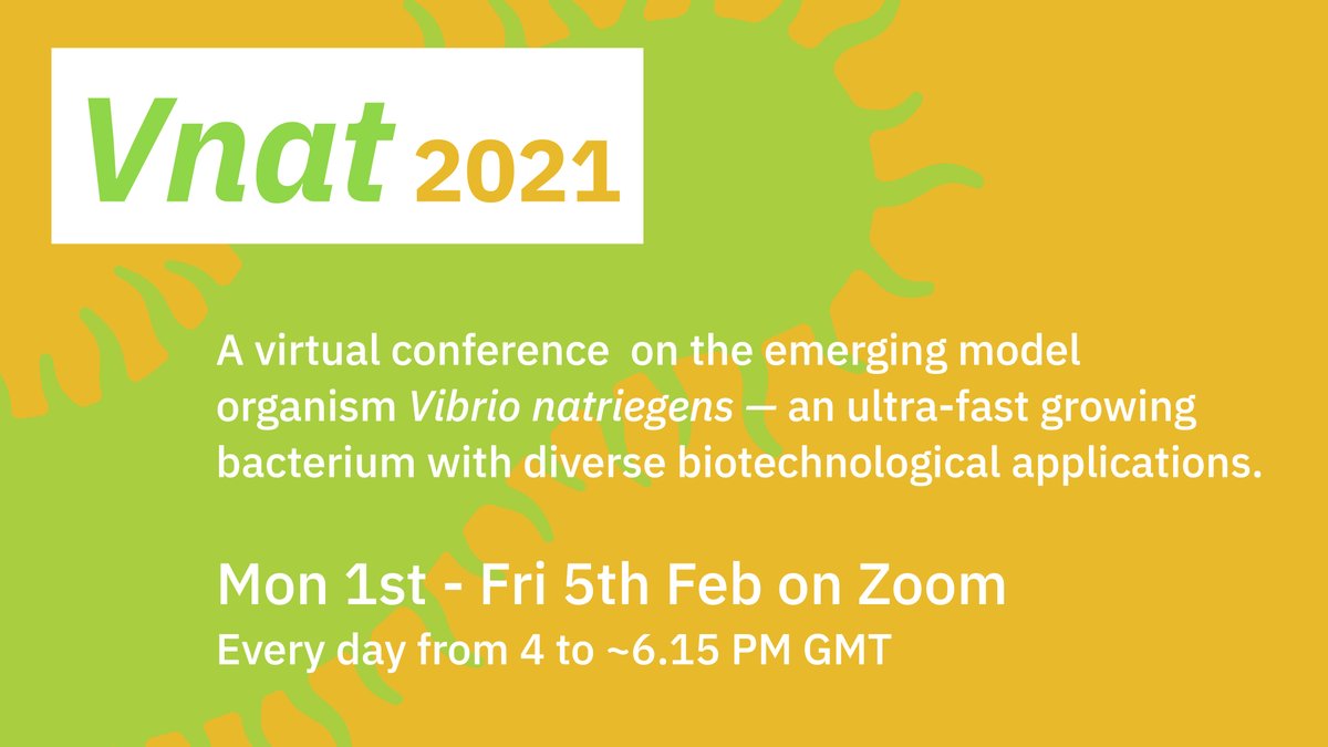 We're very excited to announce that registration is now open for Vnat 2021, a virtual conference all about the emerging model organism Vibrio natriegens 🦠🦠! The conference will take place Feb 1st - 5th on Zoom and is free to join. To find out more visit bit.ly/vnat2021!