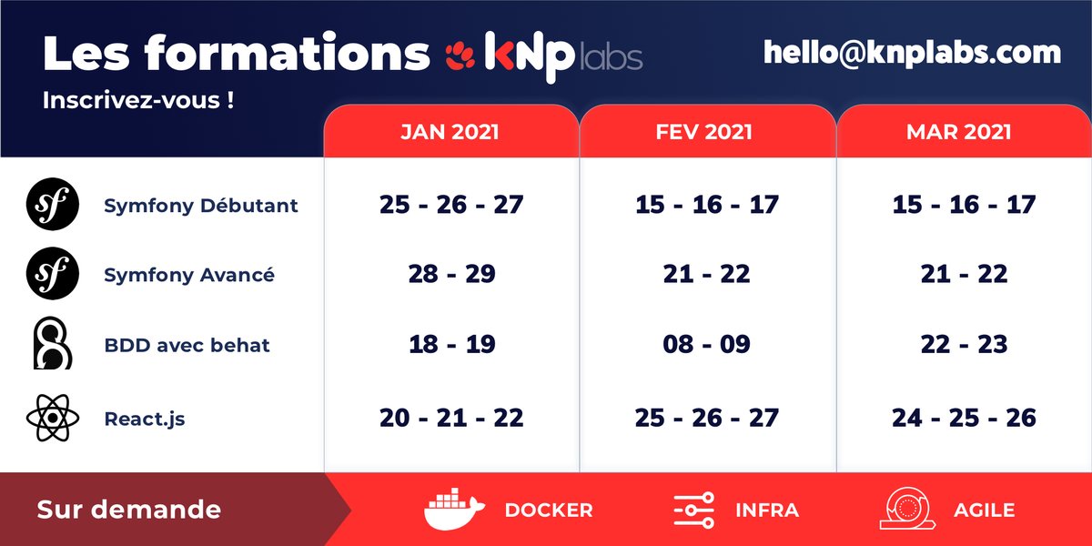 KNPLabs's tweet photo. Boostez votre équipe ! Retrouvez nos dates de formation sur #Nantes & #Caen, nous avons aussi l'habitude des formations à distance ! Ça vous intéresse ? Contactez-nous hello@knplabs.com #training #react #symfony #php #bdd #phpspec #behat #docker #git #js #formations https://t.co/ztZ9e3F2K5