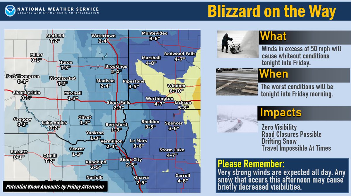 NWSSiouxFalls's tweet photo. Snow ranges have narrowed with this system as it approaches. 

That said, with 40 to 60 mph winds, it will be nearly impossible to measure. 

Here's a look at the latest totals for snow from Thursday through Friday afternoon. https://t.co/vG2TlcDqLY
