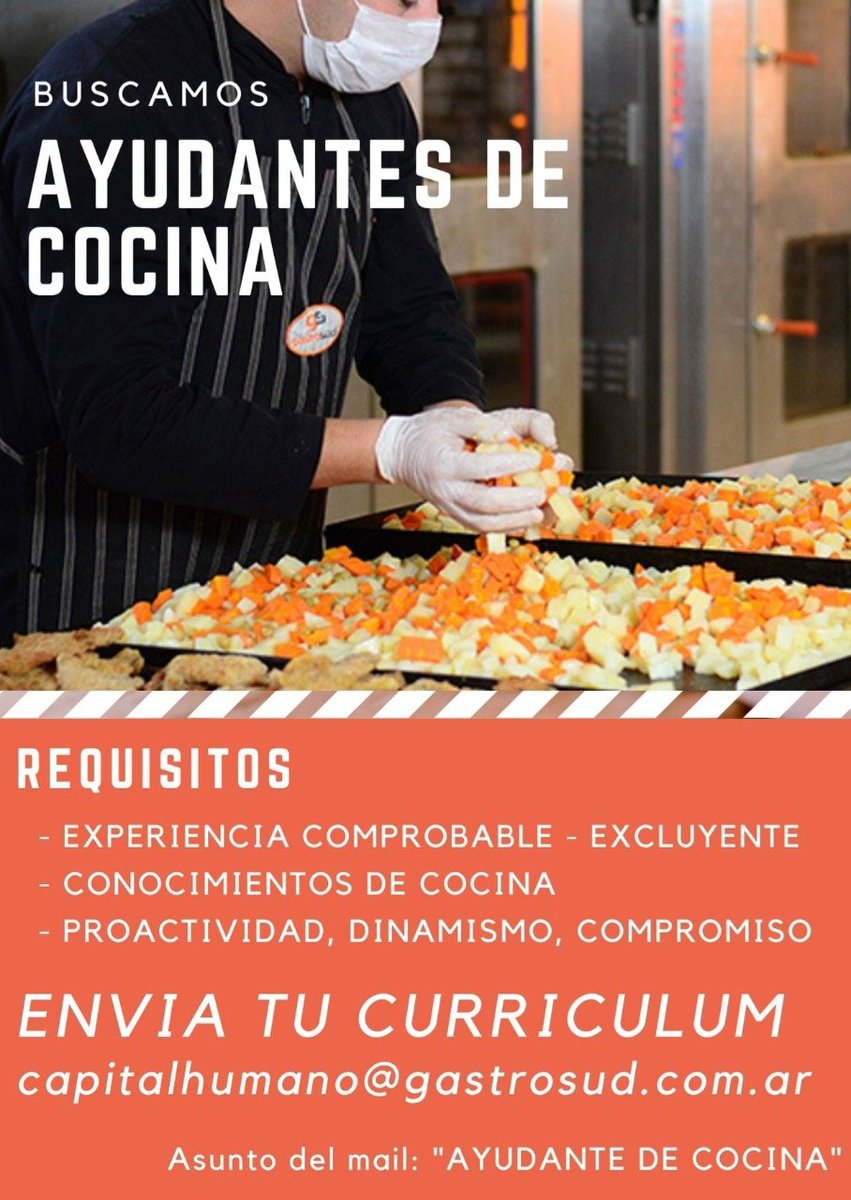 Hola gente
Ayúdenme a difundir:
OFERTA LABORAL EN MENDOZA, LUJÁN  DE CUYO.
GASTROSUD BUSCA COCINEROS Y AYUDANTES DE COCINA 👩🏼‍🍳🧑🏽‍🍳.
Gracias por darle rtw! 🍳🧡