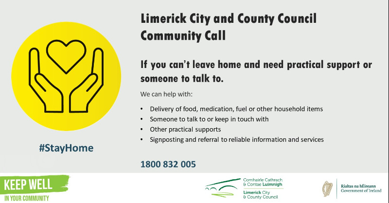 LimerickCouncil's tweet photo. If you or someone you know is older, medically vulnerable, has Covid, or is self-isolating, Limerick's Covid-19 Community Response helpline is here to help you stay home if you need food or medicine delivered. 

The helpline is open 8am to 8pm seven days a week #LKWorkingTogether