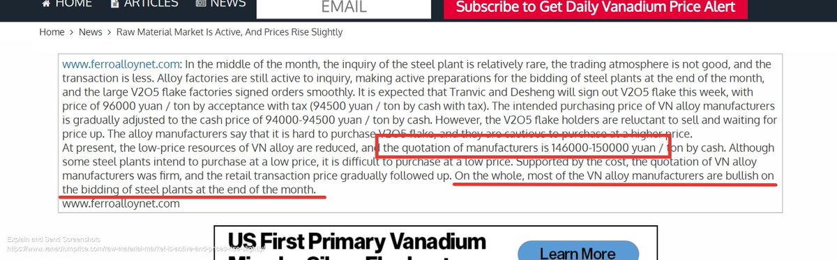 4/Back to the current situation. Here's the latest reported pricing from 13th Jan. There we see that VN alloy prices are still averaging 148,000 yuan, so only minimally below the Dec high of c. 153,000..but... "VN manufacturers are bullish on the bidding of the steel plants,"