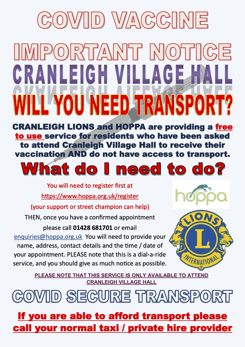 Cranleigh Lions Hopper Vaccine service. 
Please be aware that users of the Hopper Service must register with Hopper before a journey can be booked. hoppa.org.uk/register