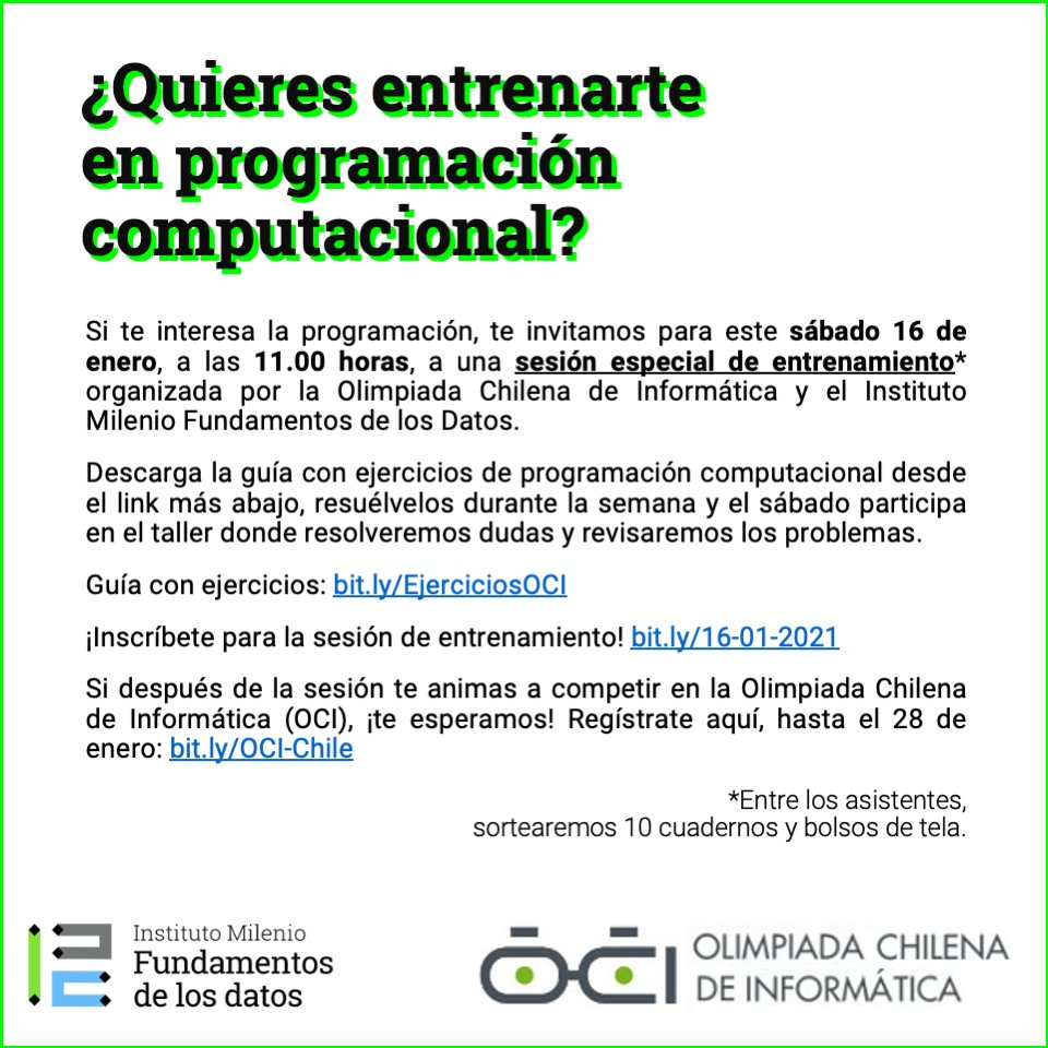 IMFDChile's tweet image. 💻¿Quieres entrenarte en programación computacional?
Te invitamos este sábado 16 de enero, a las 11.00hrs🕚 a una sesión especial de entrenamiento organizada por la @OCI_Chile y el #IMFD
📌 Guía con ejercicios: bit.ly/EjerciciosOCI
📌 Inscripción: bit.ly/16-01-2021