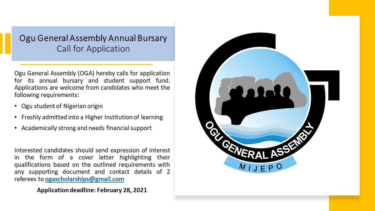 ViyonAwhanse's tweet photo. This call is for  the Ogu General Assembly annual bursary application. @sewetronica @sewedo_akoro @rityrichy @Femifasinu @mybadagry @jidesanwoolu @BadagrySoroSoke @femiroko @m_semswag @semasir @engrsetonjid @HunpeMhr @DeborahPedetin @JSAconsultGrp https://t.co/G7vpT0HxZd