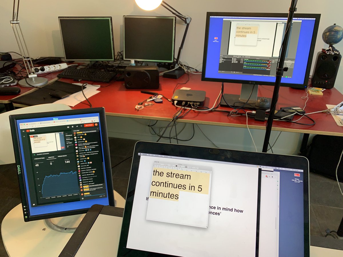 Quick break in the live stream- juggling so many monitors, running multiple machines &amp; keyboards to monitor stream status, bandwidth, chat comments, copyright cameras &amp; lighting while remembering what the whole thread of lecture/workshop/session is while adapting it for video :)