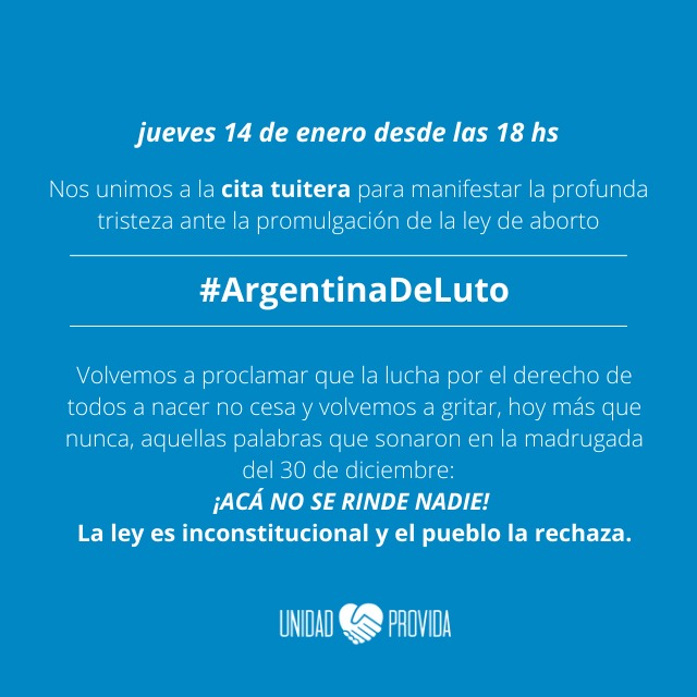 unidadprovidaok's tweet photo. Hoy el presidente promulga la ley de aborto. Nos sumamos a la cita tuitera de las 18 hs para decir #ArgentinaDeLuto 🖤
Seguiremos luchando por las 2 vidas. Mal q le pese al poder de turno, Argentina ama a sus hijos 💙 https://t.co/8JGzDmFdyH