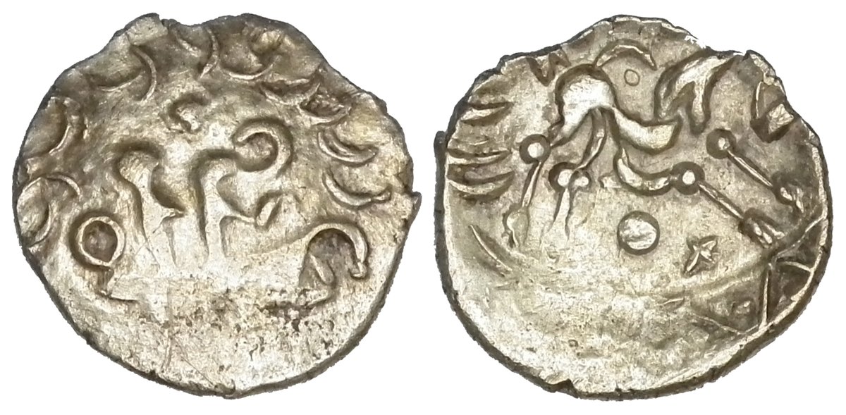 Obviously I had to carry on with the 3rd item on the list.
 
Early Uninscribed British Gold Quarter stater. 50-1 BC
Obverse: Possibly two standing figures on a boat.
Reverse: Horse running right.

Diameter: 14mm. Weight: 1.46gms

This was the first coin I found with my XP Deus.