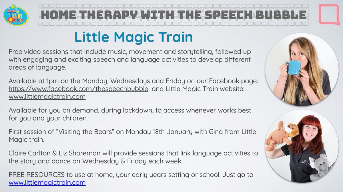 thespeechbubble's tweet photo. We are very excited to announce that we have teamed up with Gina Bale (creator of Little Magic Train) to deliver weekly online speech and language sessions. 

🌟Do NOT miss this! Starts Monday!🌟 https://t.co/2YcGQPMFVR