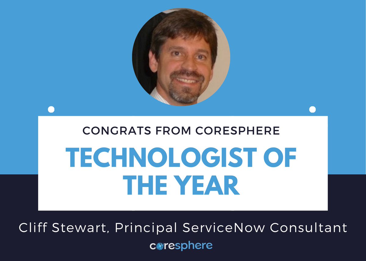 CoreSphere_LLC's tweet photo. Congratulations Cliff Stewart for winning Technologist of the Year!🎉 Cliff's positive attitude and fantastic support contributes to the success of our #ServiceNow projects. We're proud to have Cliff apart of the team! #EmployeeHighlight #EmployeeSpotlight #TeamCoreSphere https://t.co/EZEAvmXPrg