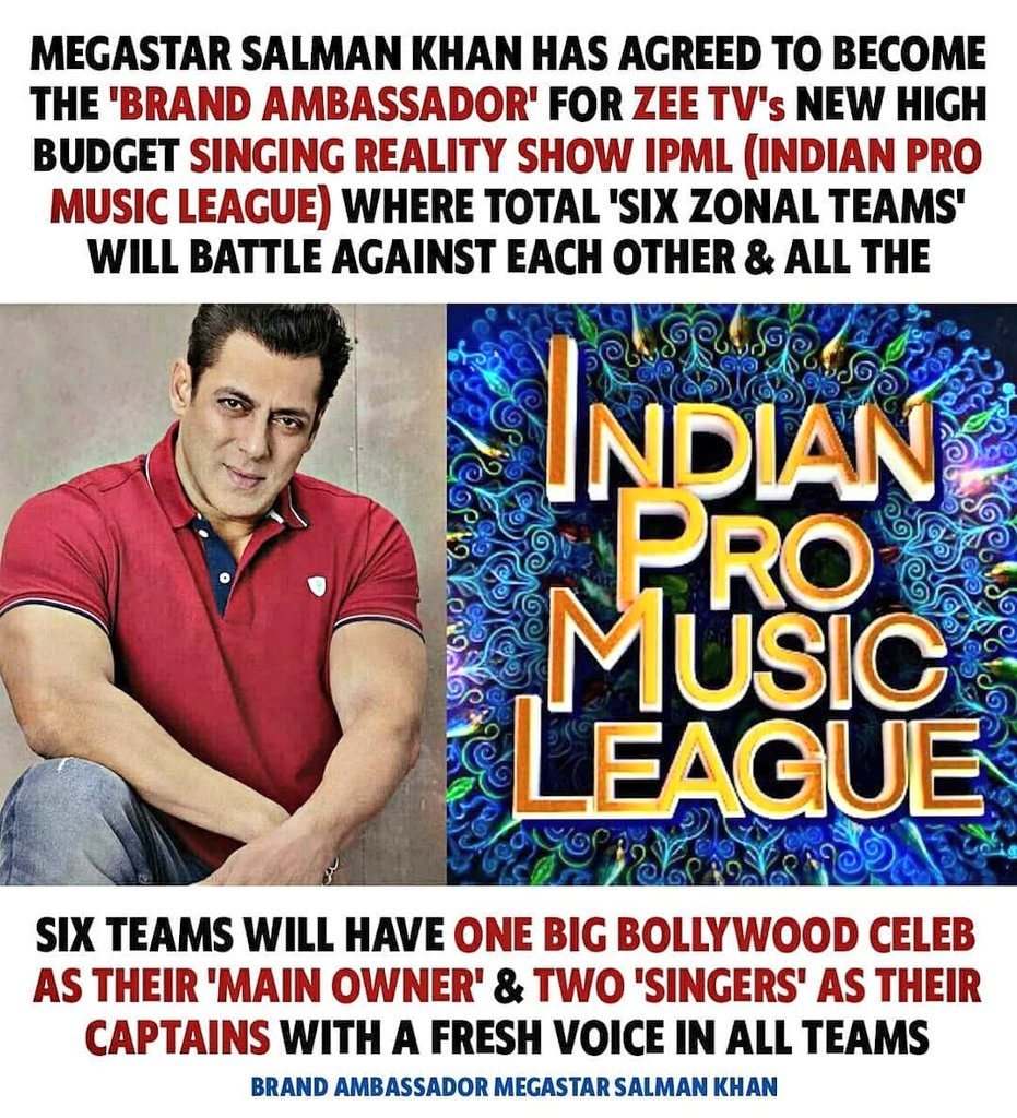 Exclusive Update- #SalmanKhan turns brand ambassador for Zee TV’s Indian Pro Music League !!

#ZeeTV is soon coming up with a high-budget singing reality show titled #IndianProMusicLeague having a very unique format.

#kirraak