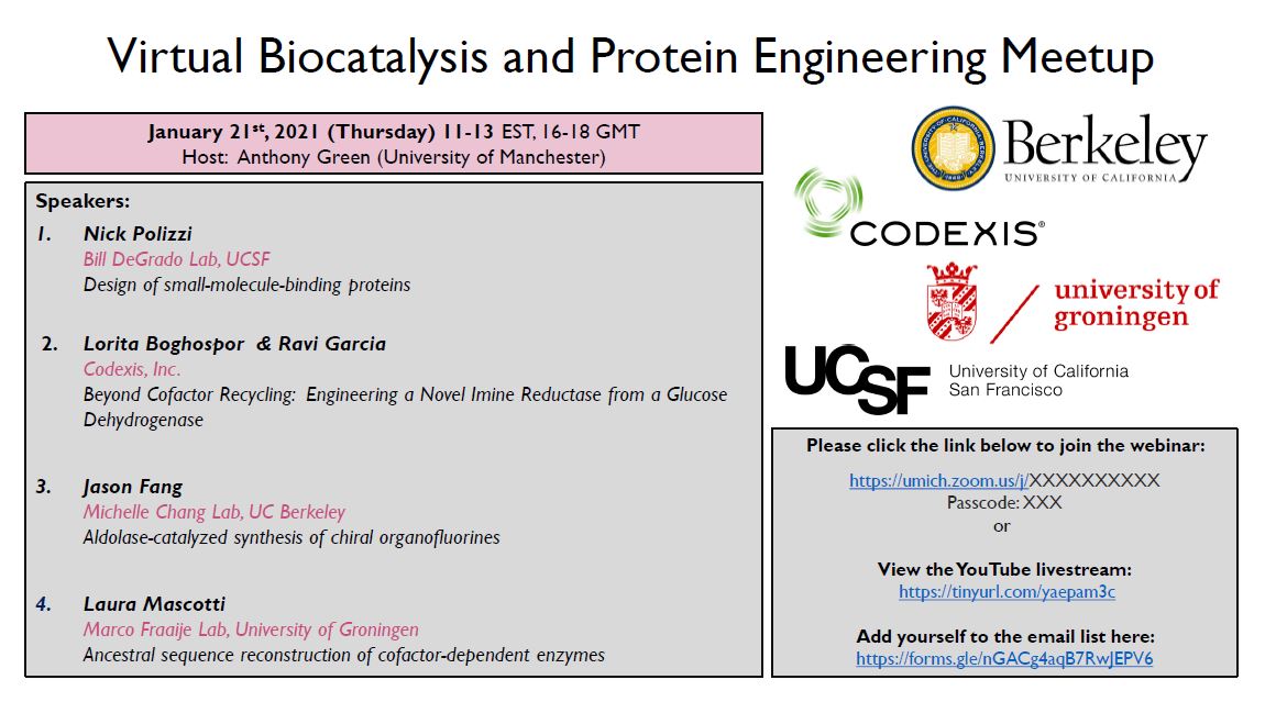 Mark your calendars for the 2021 series of virtual Biocatalysis and Protein Engineering Meetups> Jan 21st (Thur) will feature exciting talks on #DirectedEvolution, #ProteinDesign, ancestral reconstruction, and fluorine #chemistry meetup.com/Virtual-Biocat…
