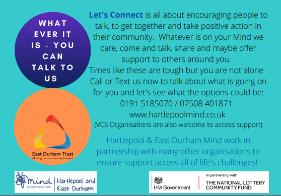 Lets_Connect_ED's tweet photo. 🌟Stay connected with others in #lockdown3🌟 Our warm and friendly #LetsConnectEastDurham team are here offering 1:1 support and opportunities to give and receive support from others.  #PhysicalNotSocialDistance  #MutualAid @HartlepoolMind @EastDurhamTrust https://t.co/QqdWYPRBvg