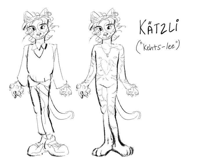 it's 6 am  here is a wip of my fursonya I sketched up during a commission break. His name is kätzli and he is a trans patchwork calico boy he also has stripes bc why not. Might give him wings too 