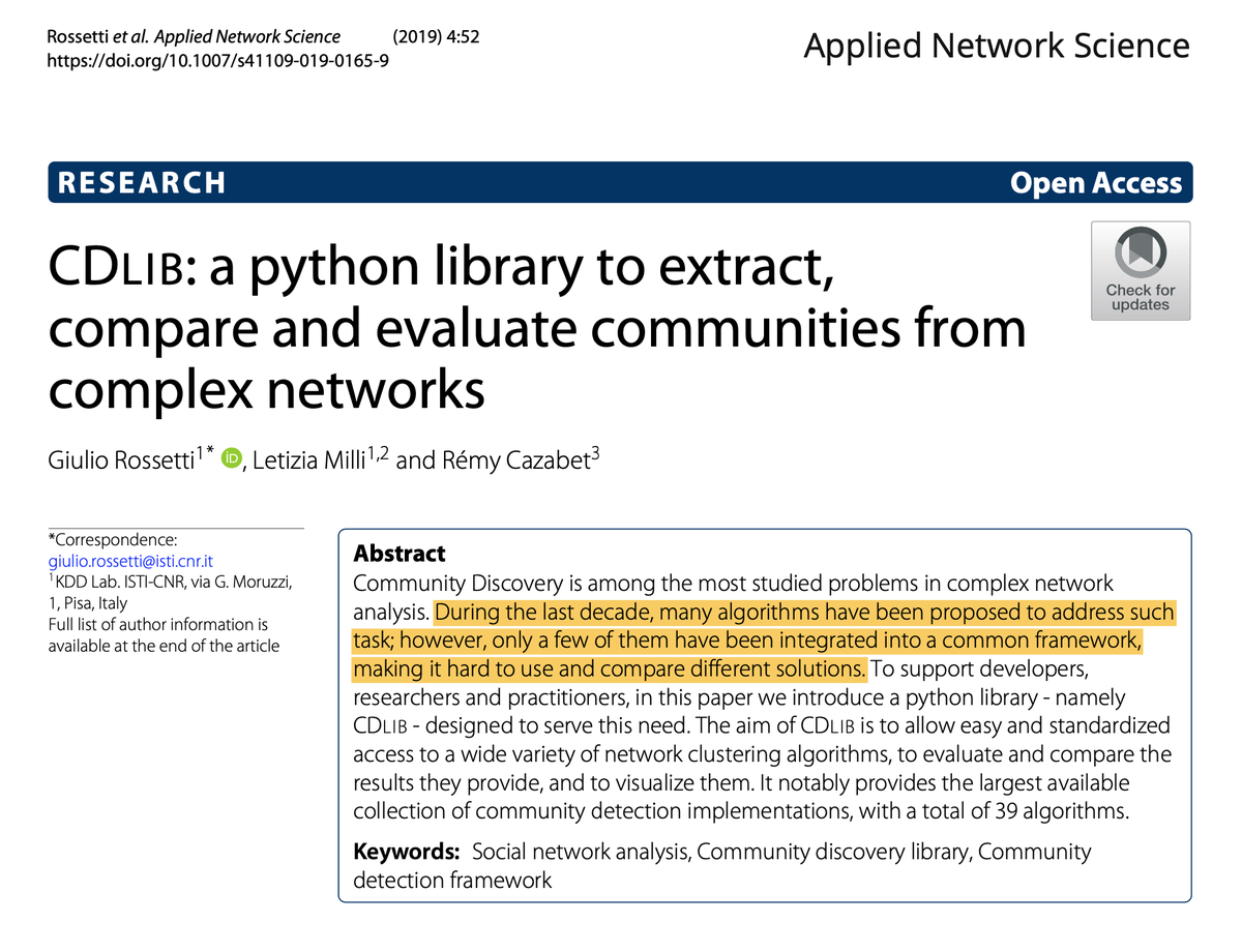 Akbaritabar's tweet photo. If you are analysing #networks and would like to use #community #detection algorithms (at least >50 of them are available) in an #standard and comparable way, have a look at #CDlib library in Python presented in this paper: https://t.co/kxnQKO3bwq by @GiulioRossetti et al. https://t.co/gGgEOajkIf
