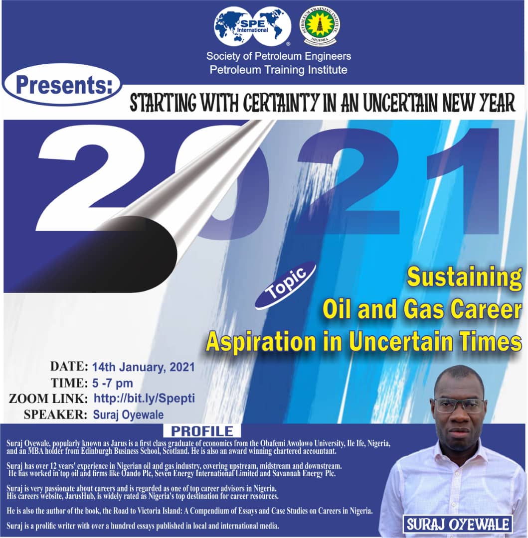 SPE  PTI chapter is inviting you to her first  virtual Ambassadorial Lecture for the year.

Under the general theme " *Starting with Certainty in an Uncertain  Year"* 

Date: Thur Jan 14, 2021 
Time: 5pm west African Time

Join Zoom Meeting

bit.ly/Spepti