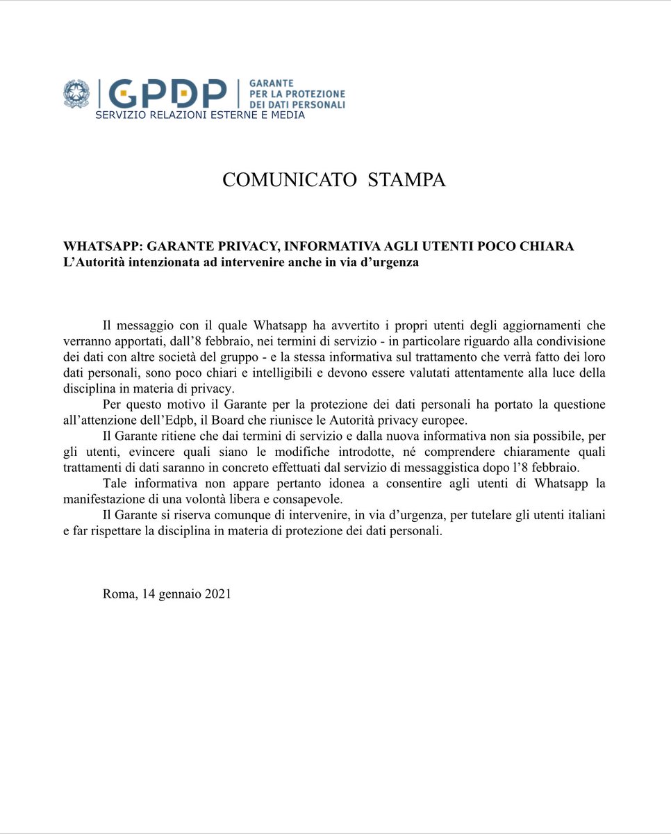 meobaldo's tweet photo. #Whatsapp #GarantePrivacy, informativa poco chiara. 
L’ Autorità segnala la questione all’Edpb, ma si riserva di intervenire anche in via d’urgenza per tutelare gli utenti italiani https://t.co/tST1N6DM91