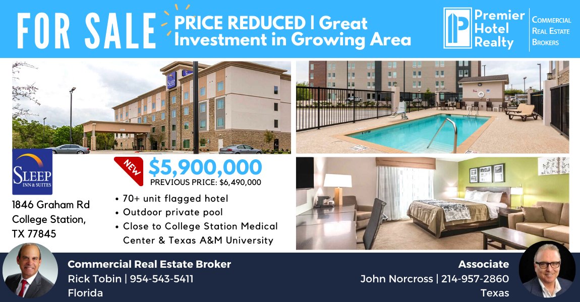 CREPropertyWire's tweet image. We are pleased to share this Premier Hotel Realty price reduction with you: 

🏨 Flagged Hotel - College Station, TX | Well Kept &amp;amp; Great Investment

NEW PRICE: $5,900,000

Contact Rick Tobin for more information.

📞954-543-5411 or Rick@PremierHotelRealty.com