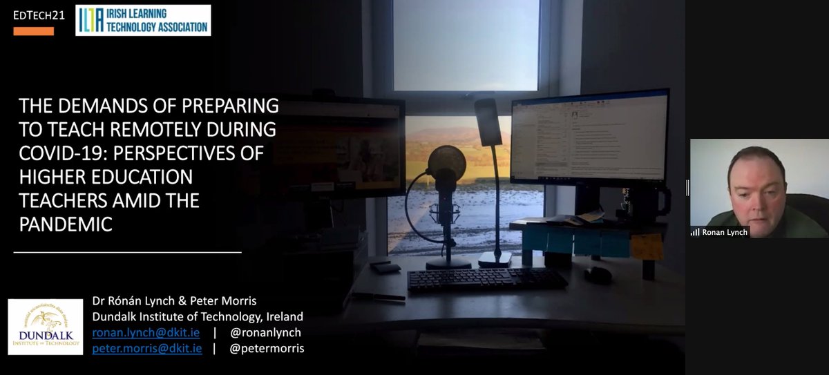 DavidHamill's tweet photo. Thanks to @ronanlynch and @petermorris from @DkIT_ie
for an excellent presentation on the demands of preparing to teach remotely during #COVID19 
#edtechie21 @ILTAtweets #remotelearning #remoteteaching 
https://t.co/tf7s3NHdkd https://t.co/7ePN4E6WZ2