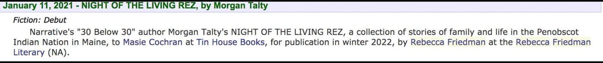 Morgan_J_Talty's tweet photo. So. This is actually happening. I’m thrilled to announce my story collection, NIGHT OF THE LIVING REZ, will be published by the wonderful Tin House Books (@Tin_House) in 2022. Woliwoni to everyone who has supported me so far on my writing journey! https://t.co/IJedlMnpk2