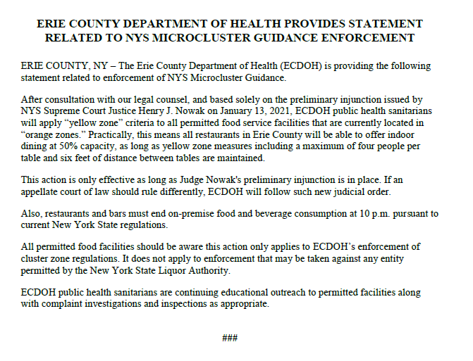 markpoloncarz's tweet photo. Pursuant to NYS Supreme Court Justice Henry J. Nowak's preliminary injunction, and after consultation with our legal counsel, @ECDOH will apply "yellow zone" criteria to all permitted food service facilities in the "orange zone." 

Full @ECDOH statement: https://t.co/AJOZ5ASNpK https://t.co/V4nRvuQSaU