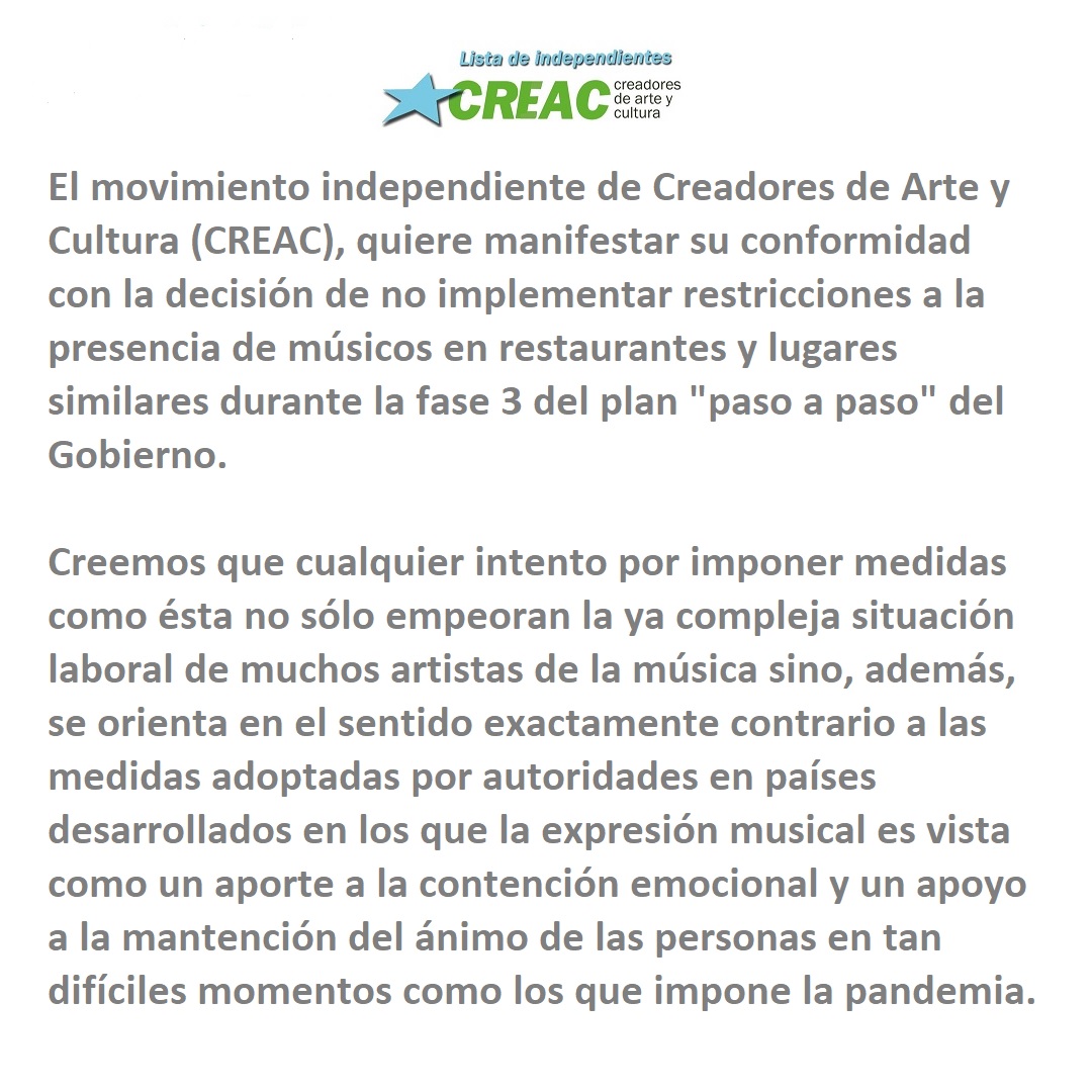 creacchile's tweet photo. El movimiento Creadores de Arte y Cultura, quiere manifestar su conformidad con la decisión de no implementar restricciones a la música en restaurantes y lugares similares durante la fase 3 del plan "paso a paso" del Gobierno. 

Pueden leer la información completa en la imagen. https://t.co/xYuDNYppKR