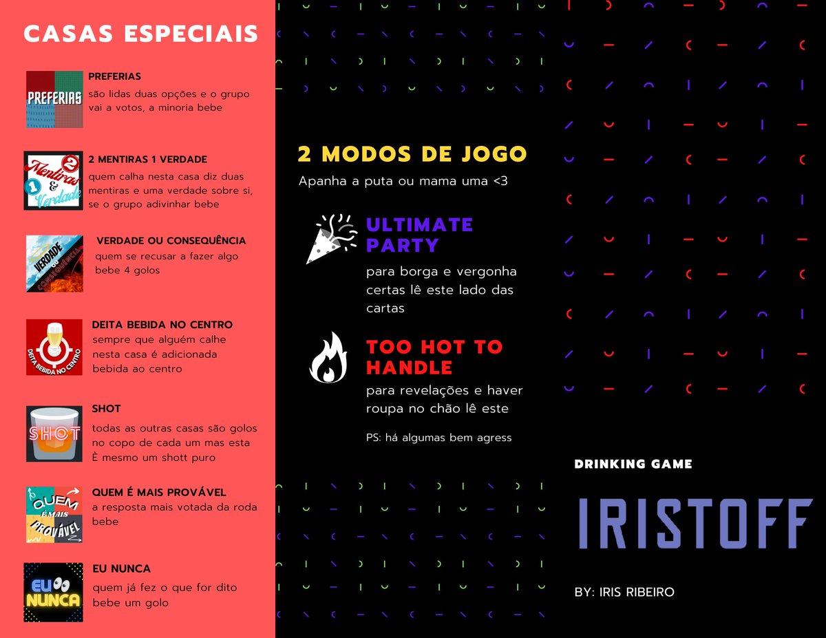 Estou há uns meses a trabalhar neste projeto e finalmente está cá fora!!! O maior drinking game da história para aquecer as noites sem discoteca :)
Estou a vender a quem quiser por 18€ e se estiverem interessados mandem DM ❤️ (envio por correio)