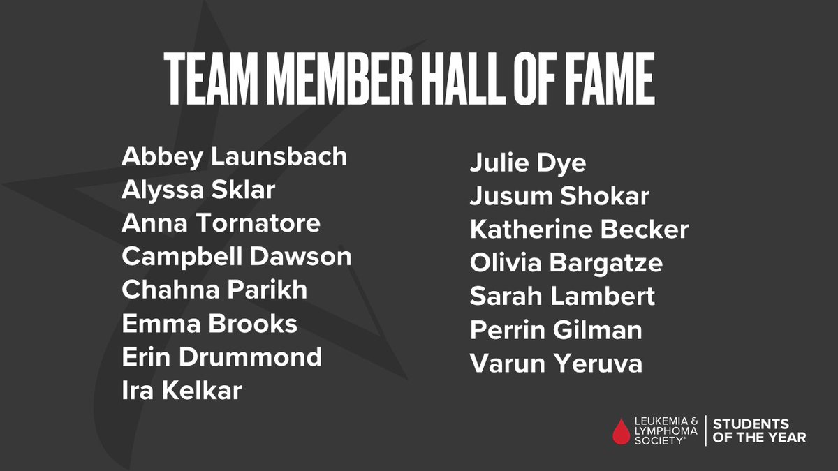 Congratulations to our 2021 Students of the Year Team Member Hall of Fame! These extraordinary students are working tirelessly to help their teams raise money for blood cancer research. Thank you!  #beatingcancerisinourblood #soy4lls