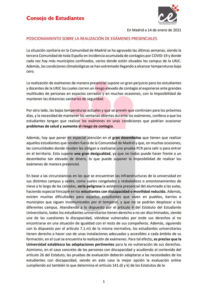 CE_URJC's tweet photo. 🔴 Comunicado del Consejo de Estudiantes respecto a la realización de exámenes presenciales.

‼️ Es inadmisible y una irresponsabilidad el comunicado emitido por la CRUMA hoy mismo. Es poner en riesgo la salud de muchos estudiantes y de sus familiares. https://t.co/34OeXvJrZe